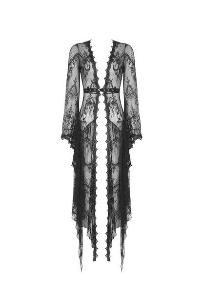 Maxi Cloak with Floral Lace and Belted Waist - Dark