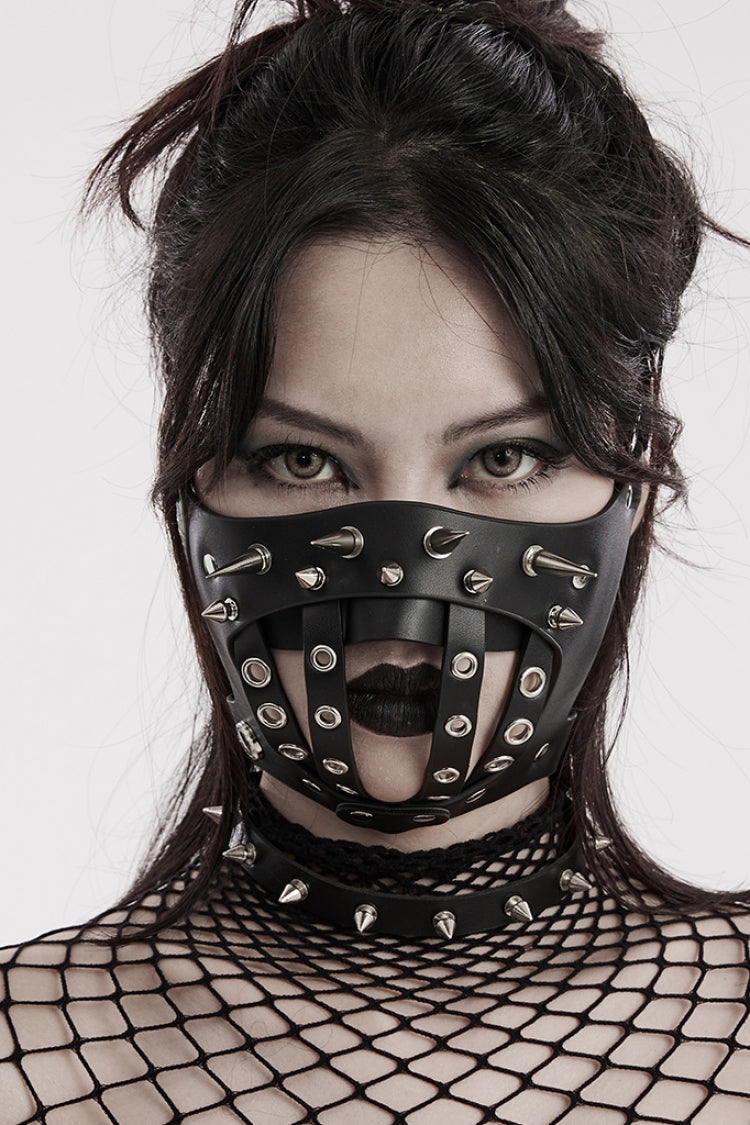 Steampunk Mask with Metal Rivet Decoration in Black Faux Leather for Women