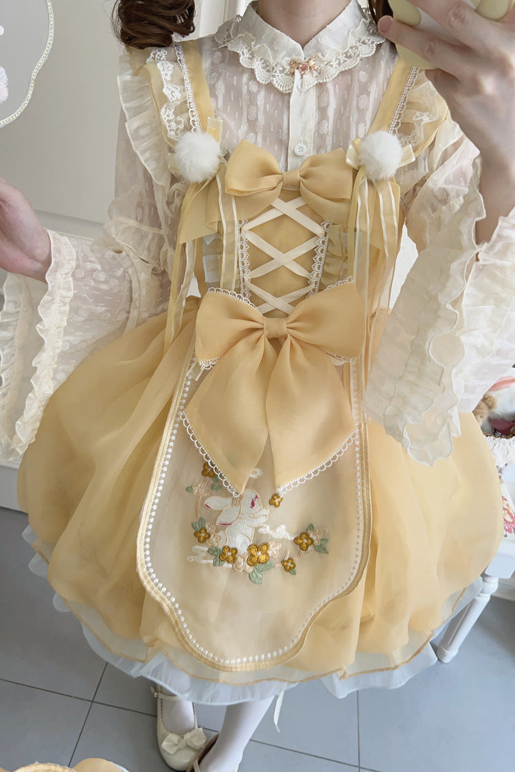 Moon Rabbit Shadow Embroidery Ruffle Bow Lace Sweet Lolita JSK in Yellow