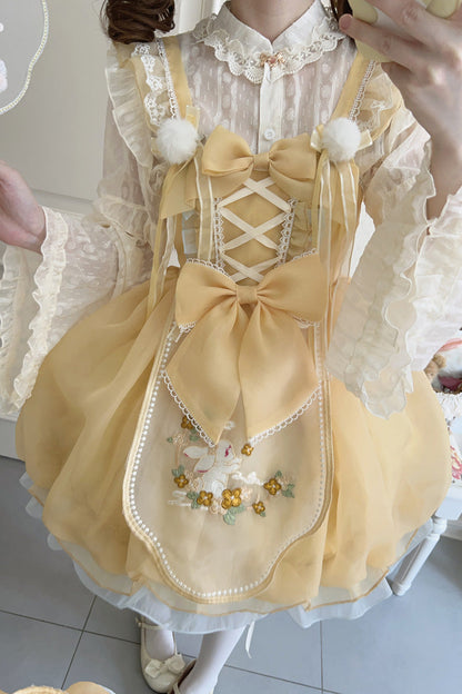 Moon Rabbit Shadow Embroidery Ruffle Bow Lace Sweet Lolita JSK in Yellow