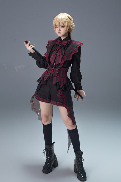 Demon Ritual Stand Collar Ouji Shorts Set with Embroidery - Noir