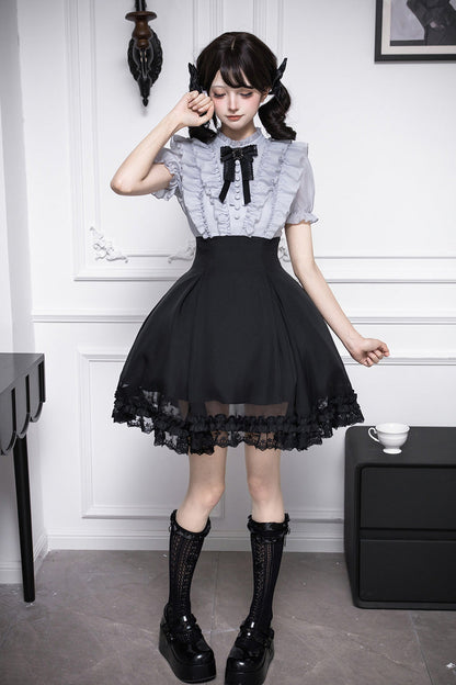 Puff-Sleeve Color-Blocked Faux Two-Piece Sweet Dress