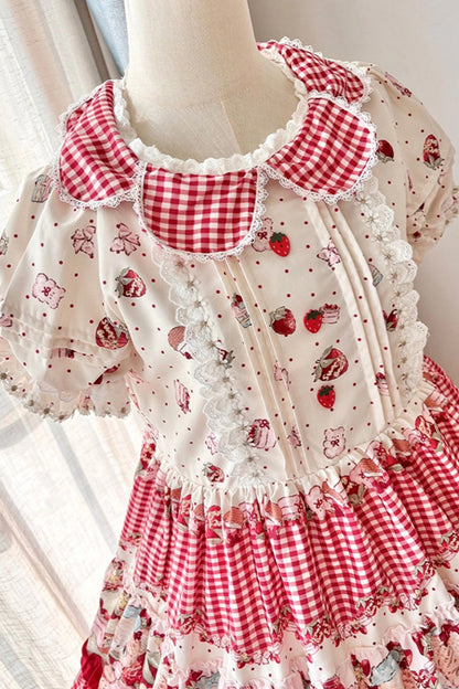 Bear Strawberry Ode Print Short Sleeve Double-Layered Ruffle Bow JSK