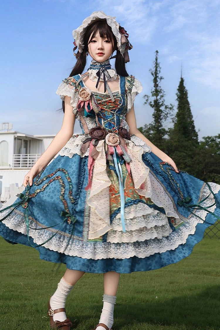 Sleeveless High Waist Printed Ruffled Cardigan Bow Lace-Up Vintage Princess Lolita JSK