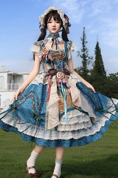 Sleeveless High Waist Printed Ruffled Cardigan Bow Lace-Up Vintage Princess Lolita JSK