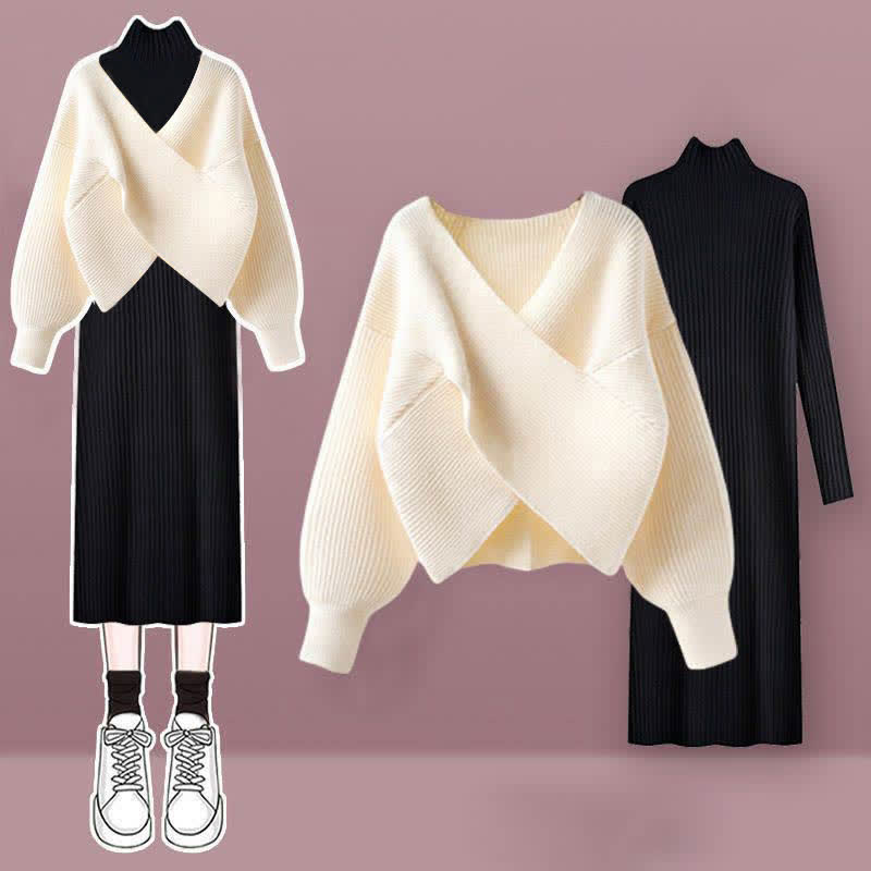 Ensemble robe pull en tricot croisé chic