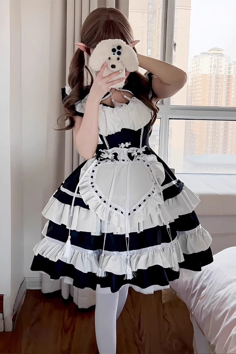 Black and Ivory Love Double Layer Ruffle Bow Sweet Plus Size Chinese Lolita Ensemble