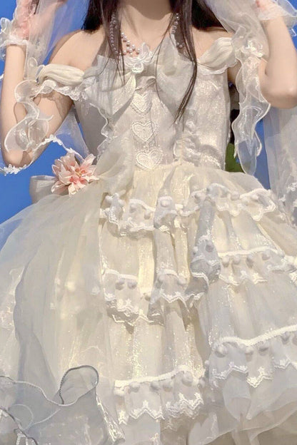 Ivory Ruffled Bow Pearl Decorated Lolita JSK Full Set