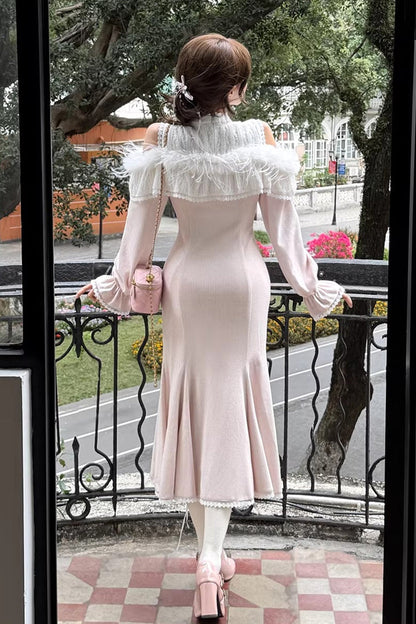 Rose Stand Collar Off-Shoulder Long Sleeve Lace Sweet Japanese Elegant Lolita Mermaid Gown - Little Love Song