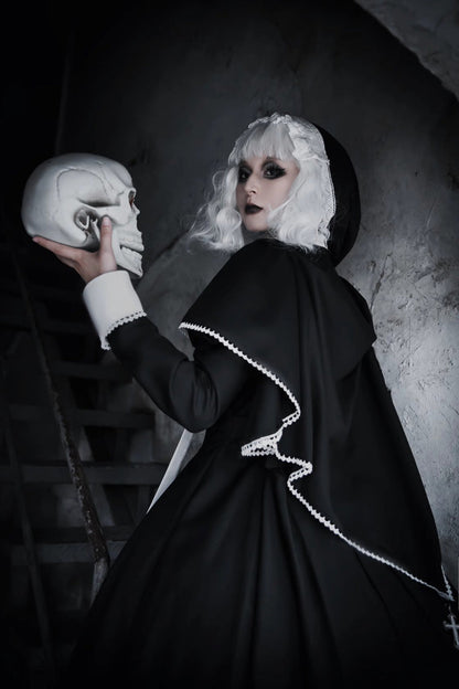 Elegant Lace-Stitched Long-Sleeve Gothic Gown