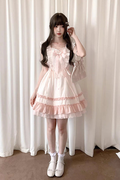 Pink Spring Timeline Double Layer Ruffle Bow Lace Up Sweet Princess Lolita Dress