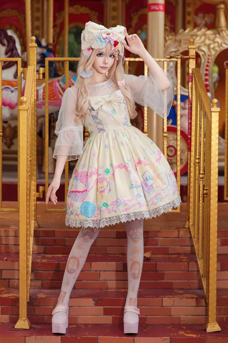 Macaron Dolly House Sleeveless Print Bowknot Lace-Up Sweet Lolita Jsk Dress Colors