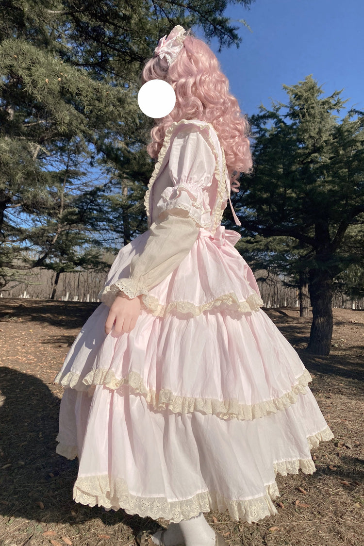 Pink Lapel-Collar Long-Sleeved High-Waisted Multi-Layer Bow-Trim Sweet Lolita Dress