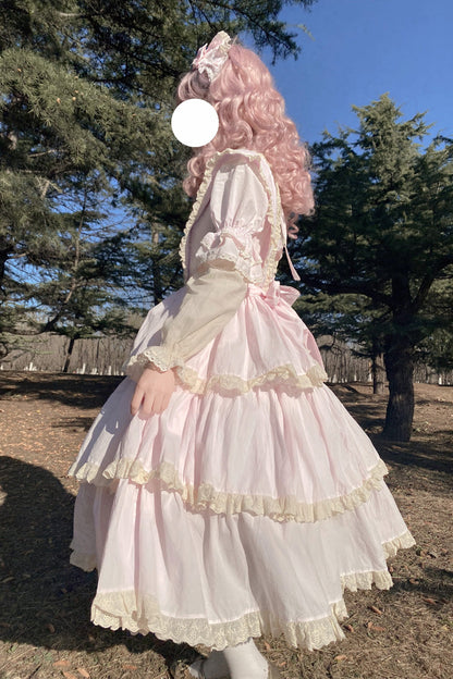 Pink Lapel-Collar Long-Sleeved High-Waisted Multi-Layer Bow-Trim Sweet Lolita Dress