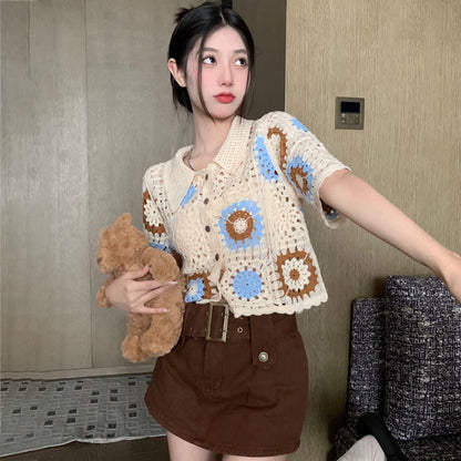 Hollow Set Denim Fringed Pants Split Floral T-Shirt