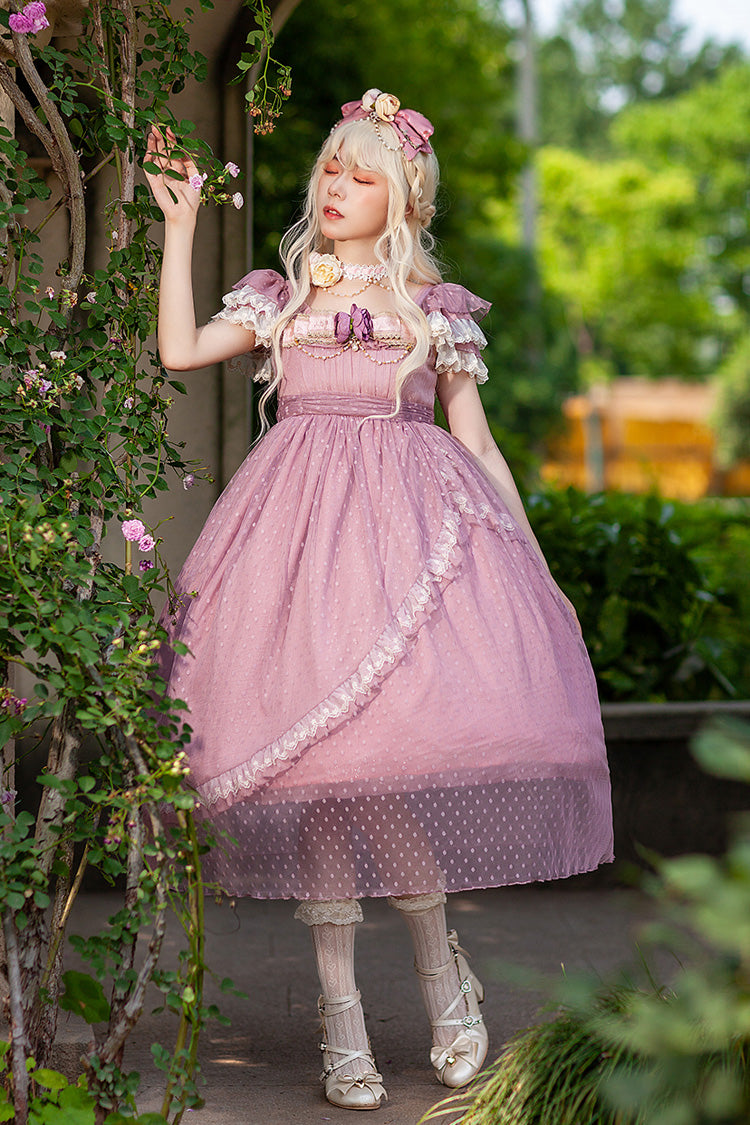 Rose Moon Goddess Mediana Polka Dot Print Ruffle Bow Asymmetrical Elegant Lolita Gown