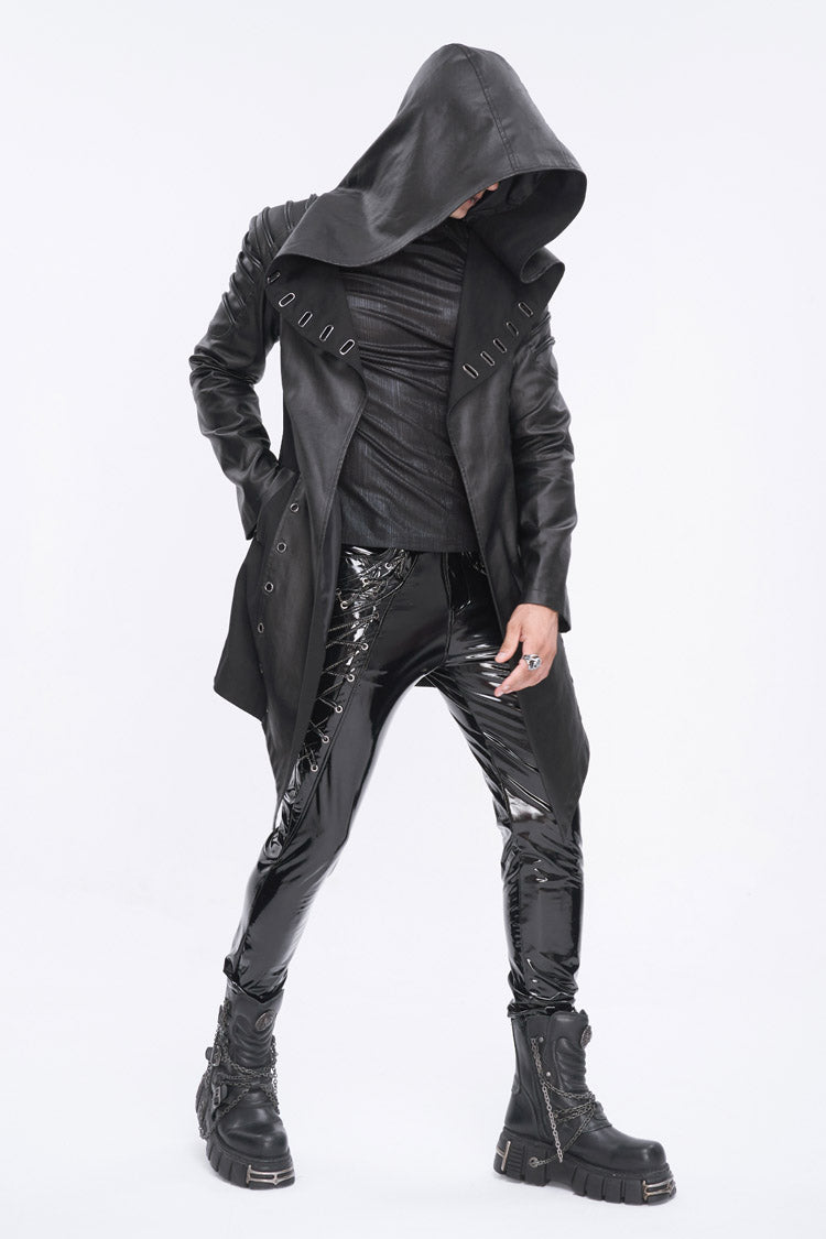 Eyelet Black Asymmetric Gothic Jacket with Hood for Men