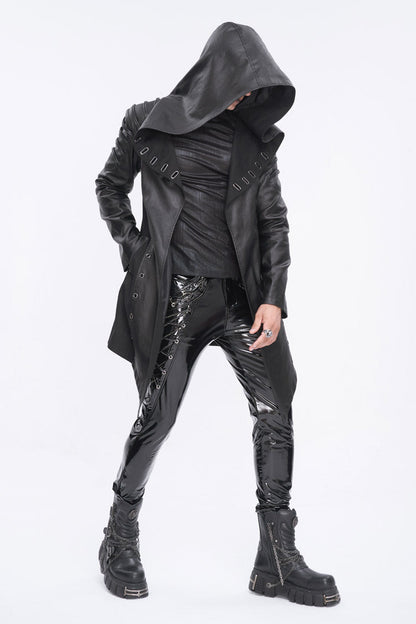 Eyelet Black Asymmetric Gothic Jacket with Hood for Men