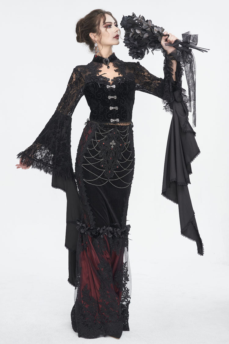 Women's Dark Blouse with Flared Sleeves and Lace Trim
