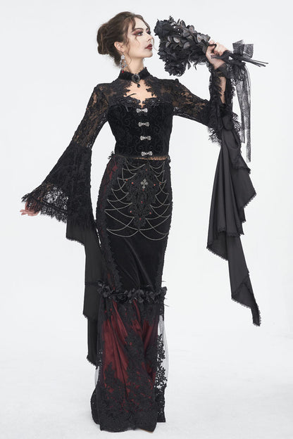 Women's Dark Blouse with Flared Sleeves and Lace Trim