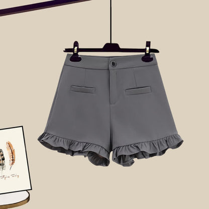 Hollow Puff Hem Shorts Lace T-Shirt Out Sleeve Stripe Bowknot