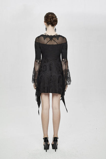 Gothic Women's Off-Shoulder Knit Dress with Horn Sleeves and Lace Trim