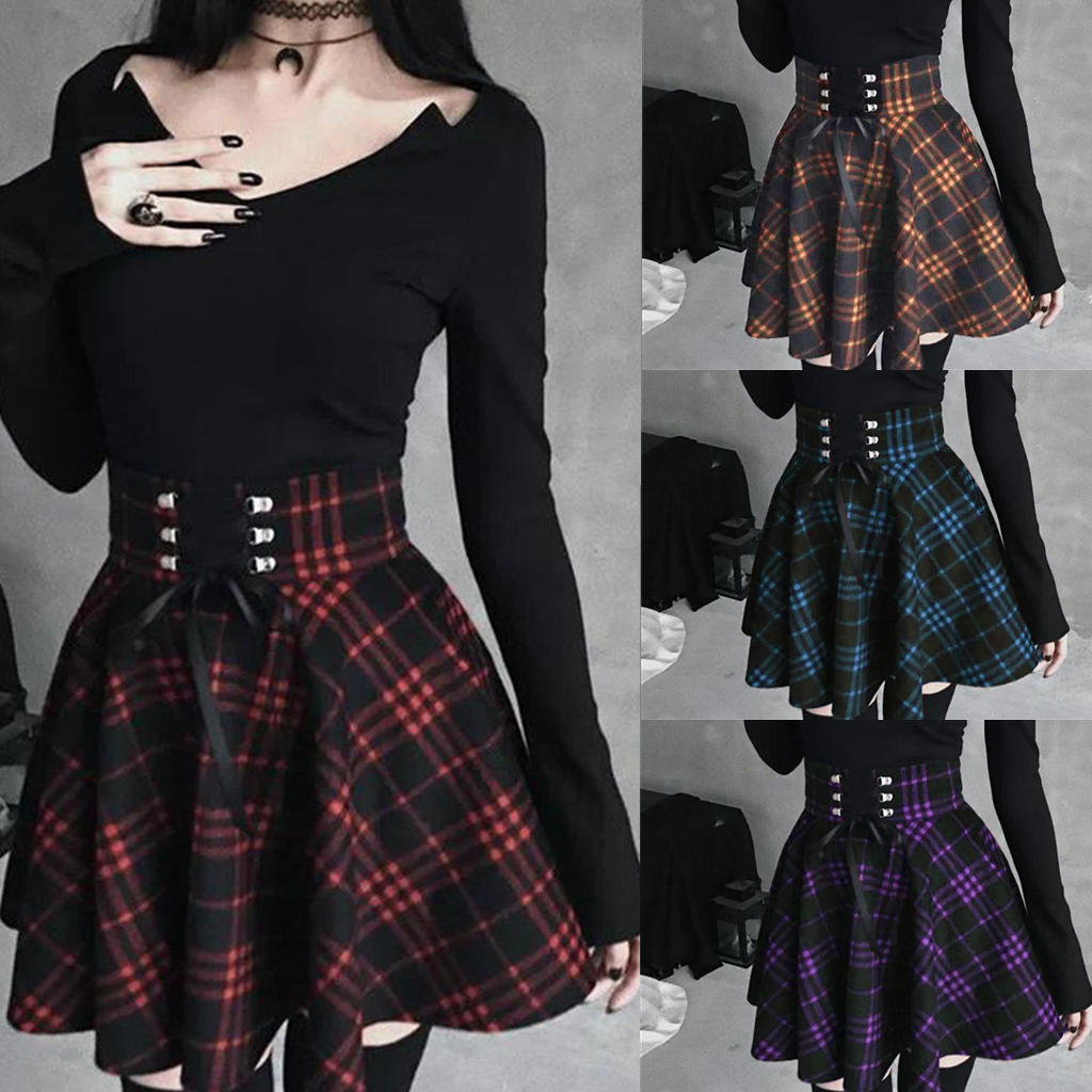 SpreePicky Gothic High Waist Laced Plaid Skirt SP14143