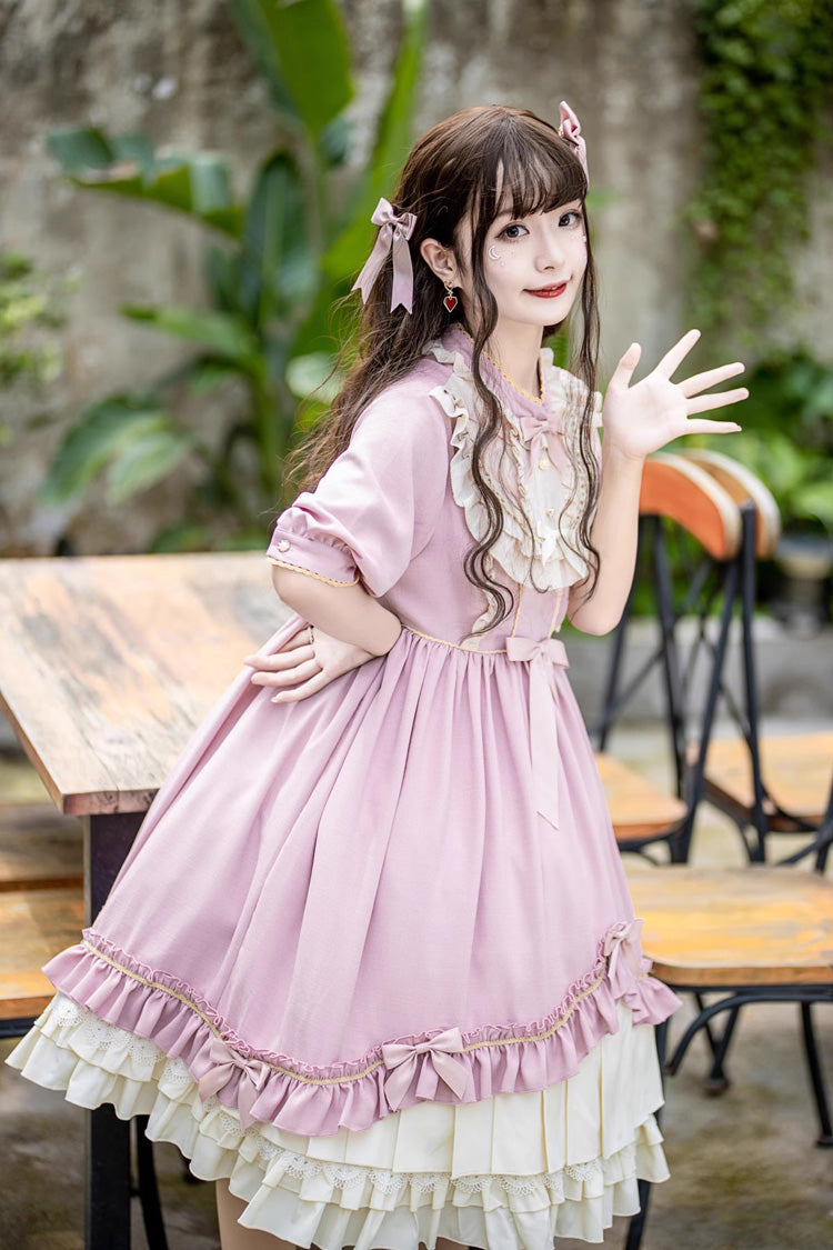 Pink Long Sleeves Ruffle Bow Daily Sweet Princess Lolita Dress