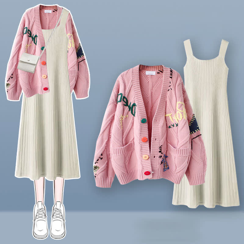 Sweater Set Colorful Embroidery Dress Slip Cardigan