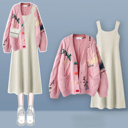 Sweater Set Colorful Embroidery Dress Slip Cardigan