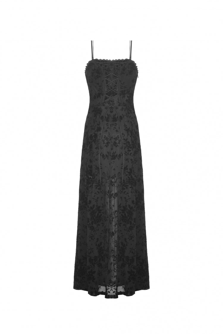 Maxi Rose Print Gothic Slip Dress with Lace-Up Back - NoirEdge