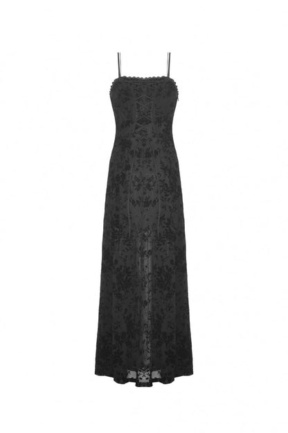 Maxi Rose Print Gothic Slip Dress with Lace-Up Back - NoirEdge