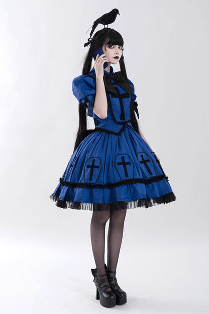 Blue Cross Short Puff Sleeves Two-Piece Gothic Lolita Dress