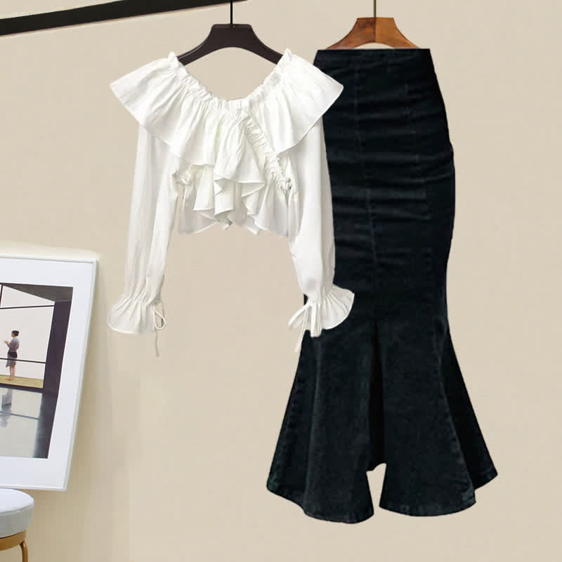 Cross Top Skirt Set Ruffled Crop Denim Fishtail