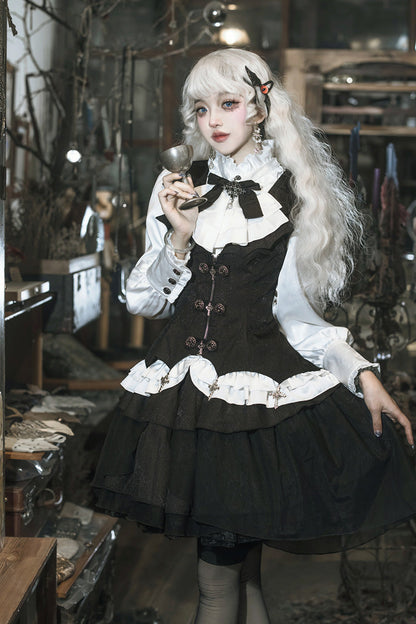 Black White Gothic Lace Vest Skirt Set