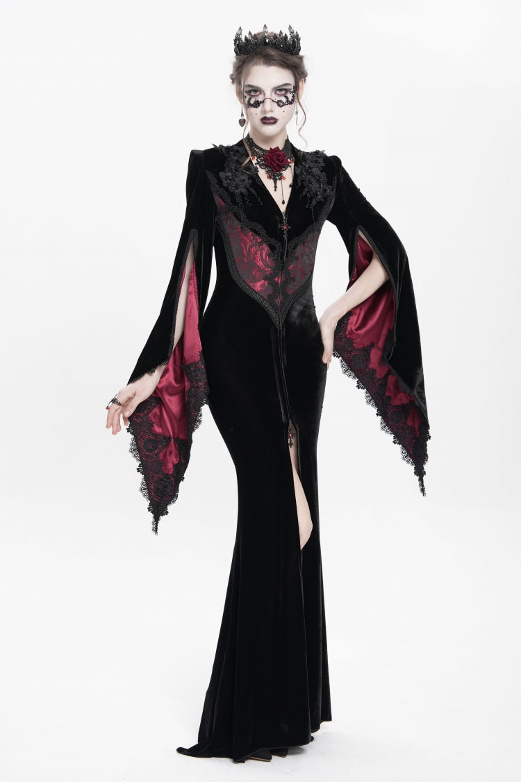 Trumpet Sleeve Floral Embroidered Velvet Gothic Dress