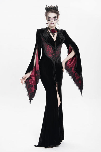 Trumpet Sleeve Floral Embroidered Velvet Gothic Dress