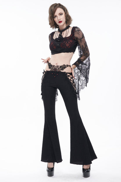 Gothic Flared Pants with Lace-Up Cutouts and Gems