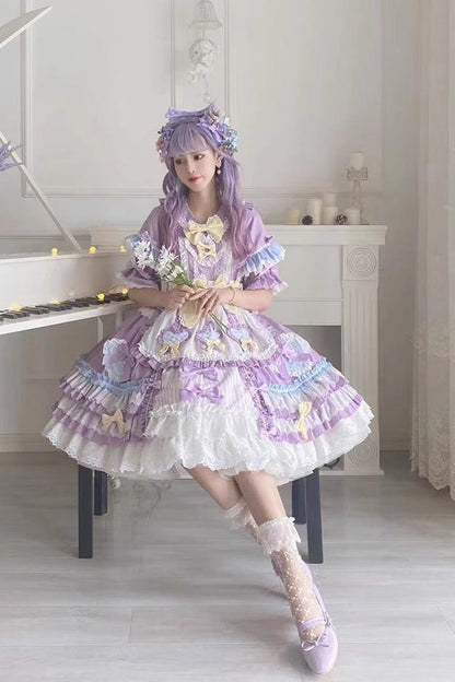 Purple Star Sugar Short-Sleeved Multi-Layer Ruffled Bow-Trim Sweet Lolita Dress