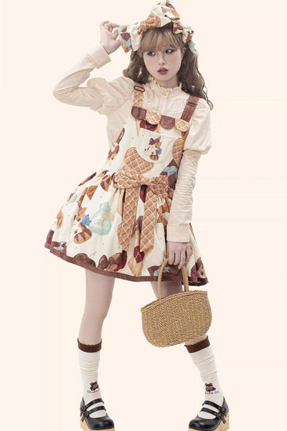 Multicolor Sleeveless Muffin Kitten Print Bow-Trim Sweet Lolita Strap Dress