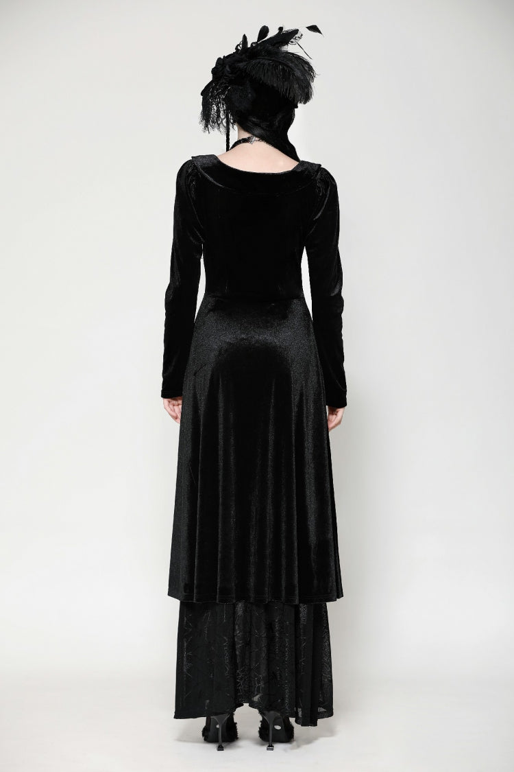 Coal Eyelet Side Slit Gothic Maxi Gown with Long Sleeves