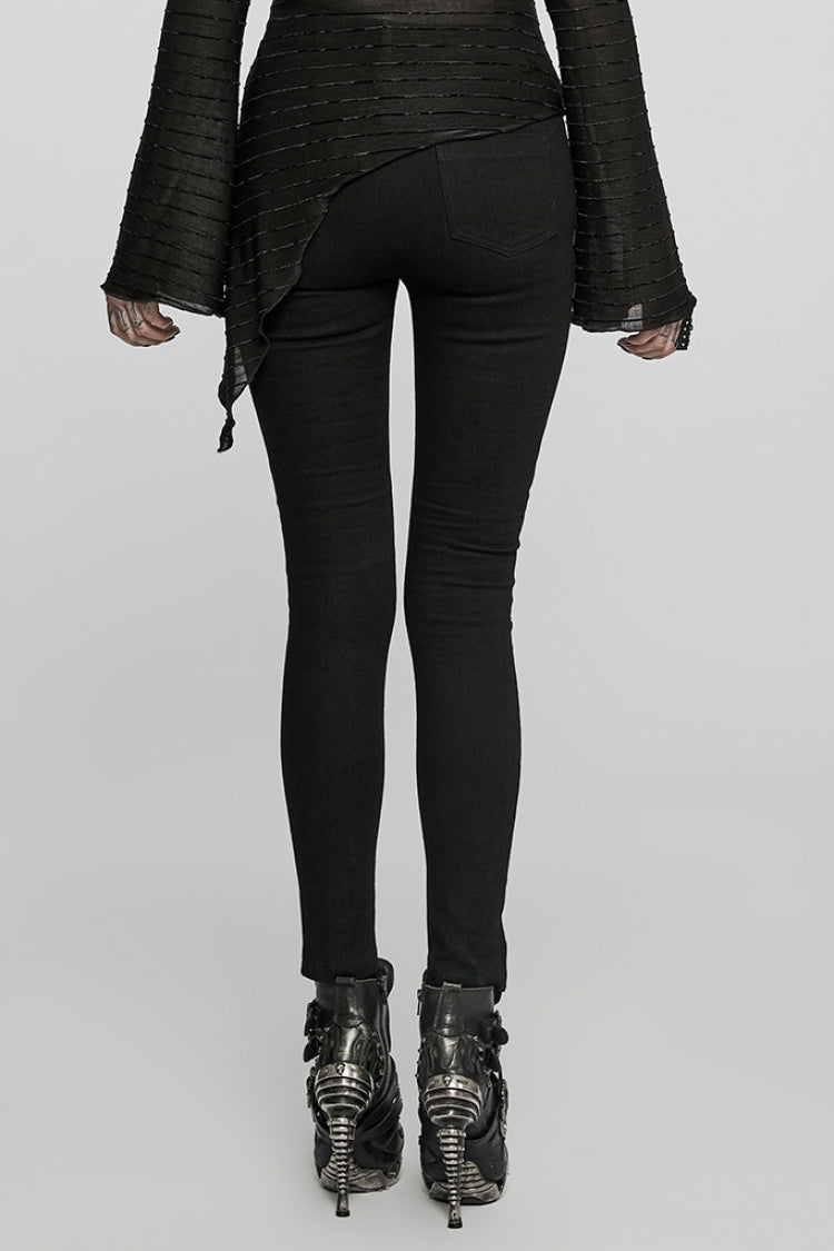 Punk Women's Skinny Jeans with Faux Leather Stitching and Lace-Up