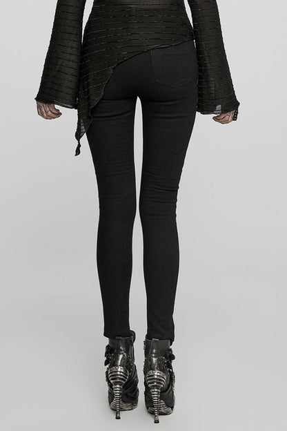 Punk Women's Skinny Jeans with Faux Leather Stitching and Lace-Up