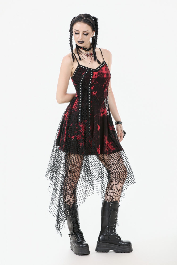Scarlet Sleeveless Mesh Hem Asymmetrical Tie-Dyed Slip Dress