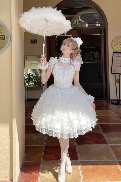 White Feathers Ballad Sleeveless Multi-Layered Ruffle Hanayome Bow Sweet Lolita Jsk Dress