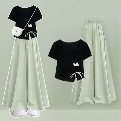 Pantskirt T-shirt Drawstring Two Wide Pieces Flower Leg Set