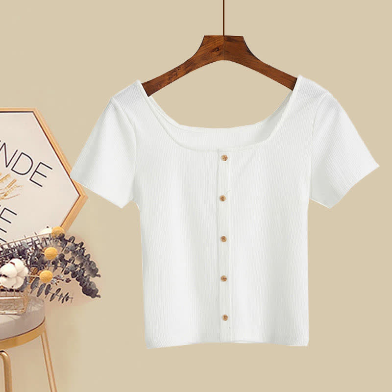 Set Pure T-Shirt Skirt Color Collar Print Sqaure Floral