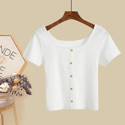 Set Pure T-Shirt Skirt Color Collar Print Sqaure Floral