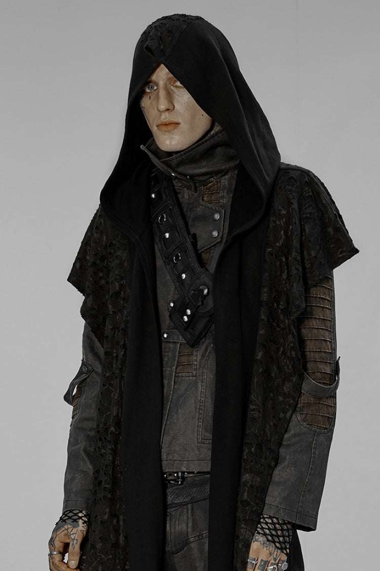 Ripped Hooded Black Asymmetric Gothic Scarf for Men