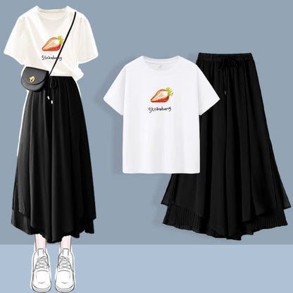 Printed Pants Pieces Leg Chic Chiffon Two T-Shirt Set Split Wide